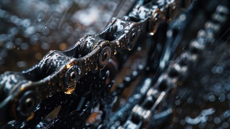 Close up of a nice bike chain in the rain